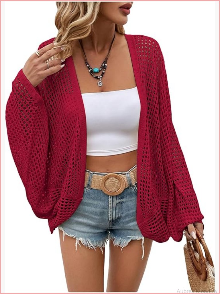 Oversized Knit Cardigan Lightweight Sheer Beach Cover Up Dolman Sleeve